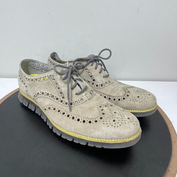 Cole Haan Suede Leather Wingtip Oxford Dress Shoes Men 9M Perforated Tan Casual - Picture 2 of 12